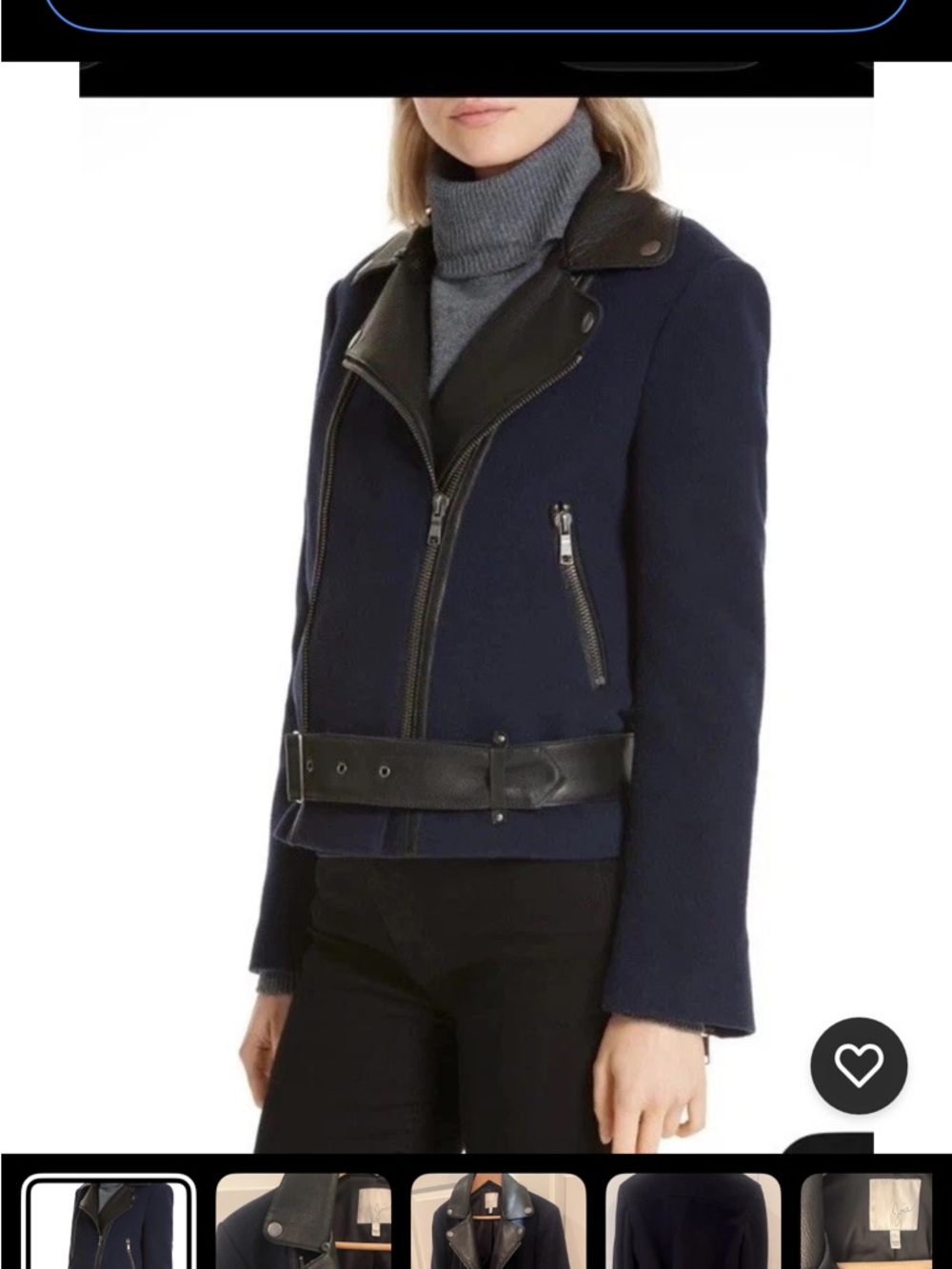 Joie Navy Wool Jacket with Black Leather Trim
